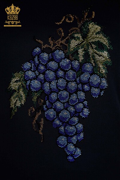 Pulover de tricotaj pentru femei cu ridicata - Motiv struguri - Albastru bleumarin - 30488 | KAZEE - Thumbnail (2)