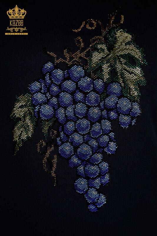 Pulover de tricotaj pentru femei cu ridicata - Motiv struguri - Albastru bleumarin - 30488 | KAZEE