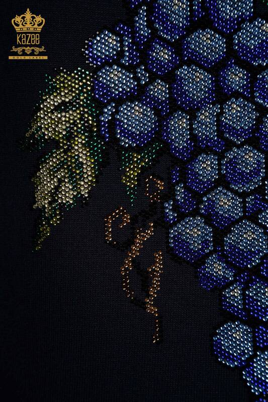 Pulover de tricotaj pentru femei cu ridicata - Motiv struguri - Albastru bleumarin - 30488 | KAZEE