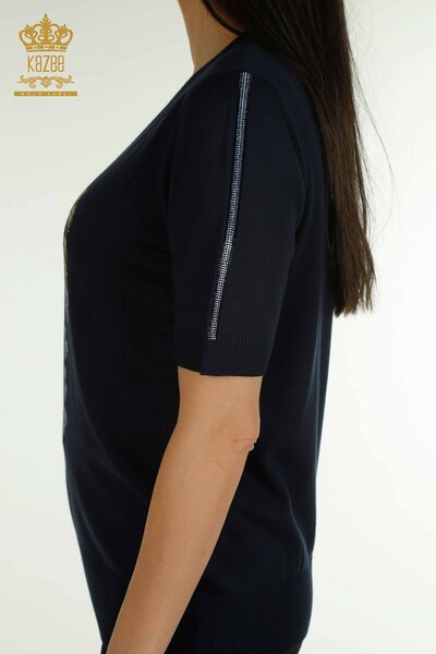 Pulover de tricotaj pentru femei cu ridicata - Motiv struguri - Albastru bleumarin - 30488 | KAZEE - Thumbnail
