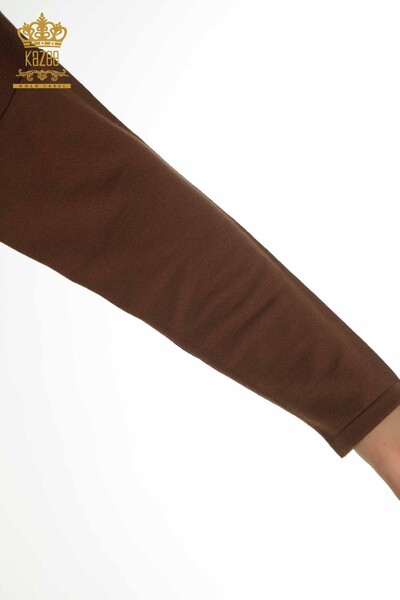 Tricotaj cu ridicata pentru femei Pulover - Dungi Brodate cu piatra - Maro - 30621 | KAZEE - Thumbnail
