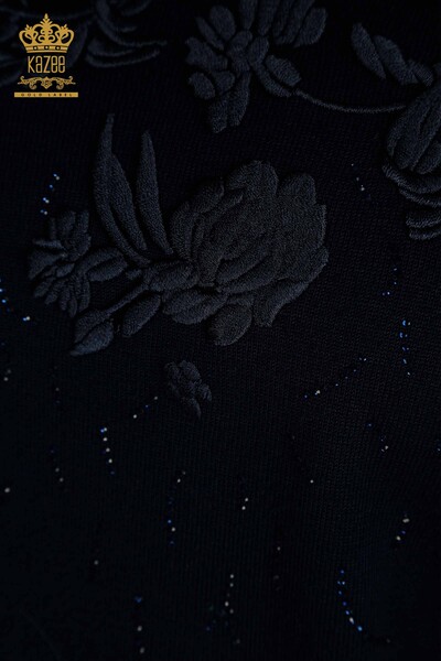 Pulover de tricotaj pentru femei - cu broderie florală - bleumarin - 16849 | KAZEE - Thumbnail