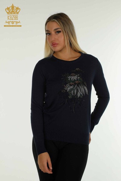 Pulover de tricotaj pentru femei cu ridicata - Cu flori brodate - bleumarin - 30612 | KAZEE - Thumbnail