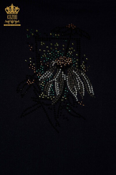 Pulover de tricotaj pentru femei cu ridicata - Cu flori brodate - bleumarin - 30612 | KAZEE - Thumbnail