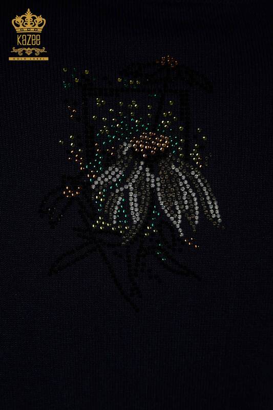 Pulover de tricotaj pentru femei cu ridicata - Cu flori brodate - bleumarin - 30612 | KAZEE