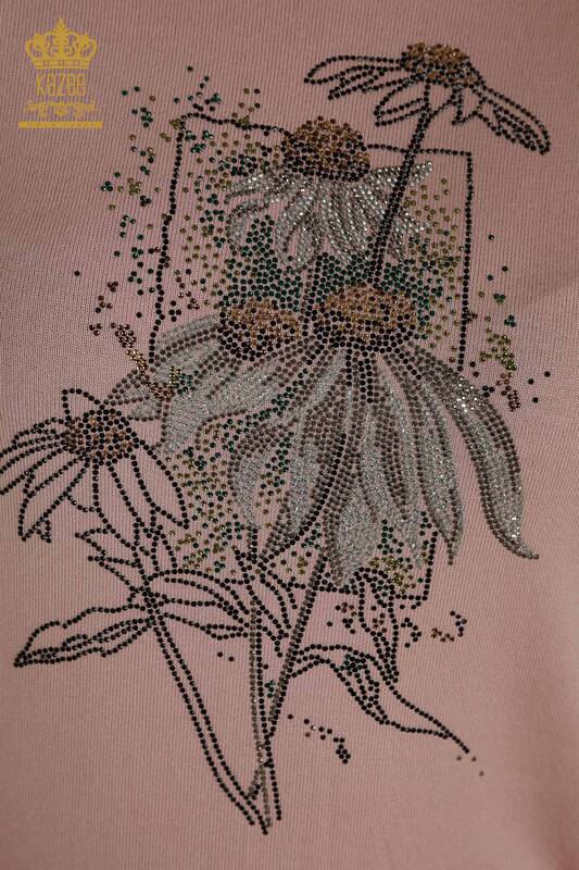 Pulover de tricotaje pentru femei cu ridicata - cu flori brodate - pudra - 30612 | KAZEE