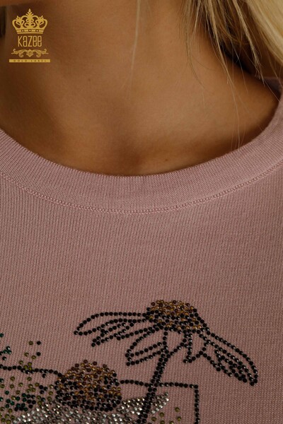 Pulover de tricotaje pentru femei cu ridicata - cu flori brodate - pudra - 30612 | KAZEE - Thumbnail