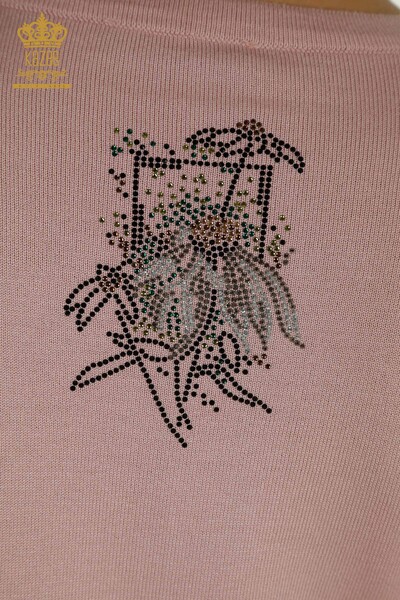 Pulover de tricotaje pentru femei cu ridicata - cu flori brodate - pudra - 30612 | KAZEE - Thumbnail