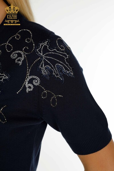 Pulover de tricotaj pentru femei cu ridicata - Frunze brodate - Albastru bleumarin - 30654 | KAZEE - Thumbnail