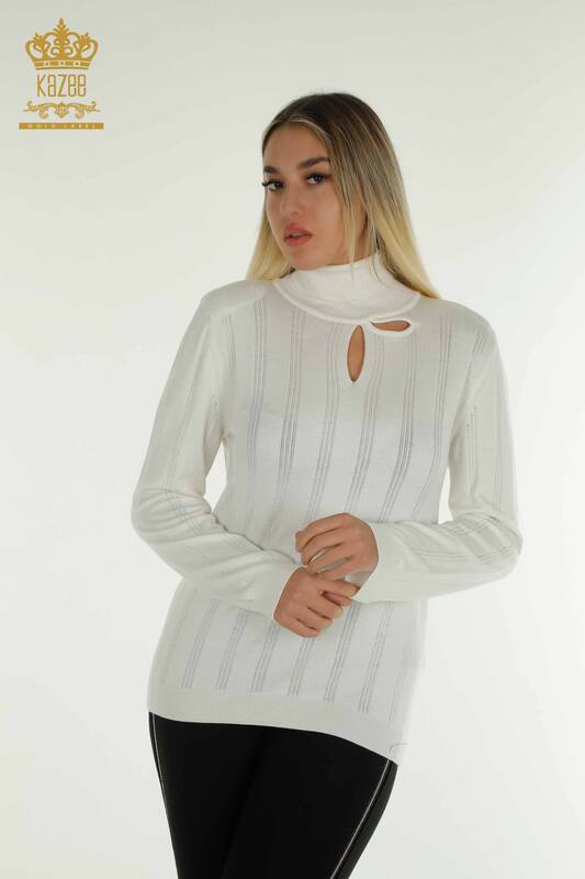 Pulover de tricotaj pentru damă cu ridicata - Cu detaliu gaură - Ecru - 30781 | KAZEE