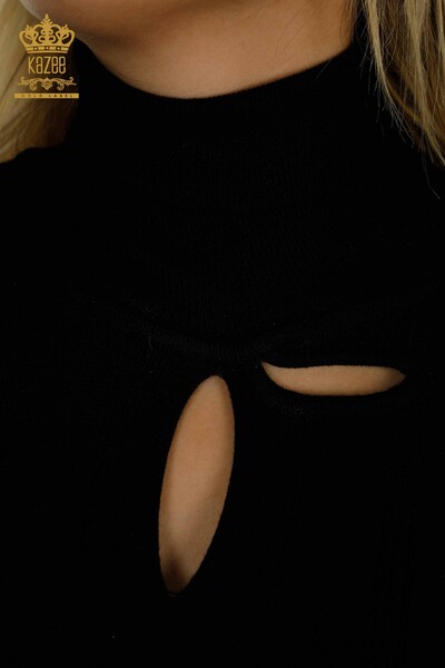 Pulover de tricotaj pentru femei cu ridicata - Cu detaliu gaura - Negru - 30781 | KAZEE - Thumbnail (2)