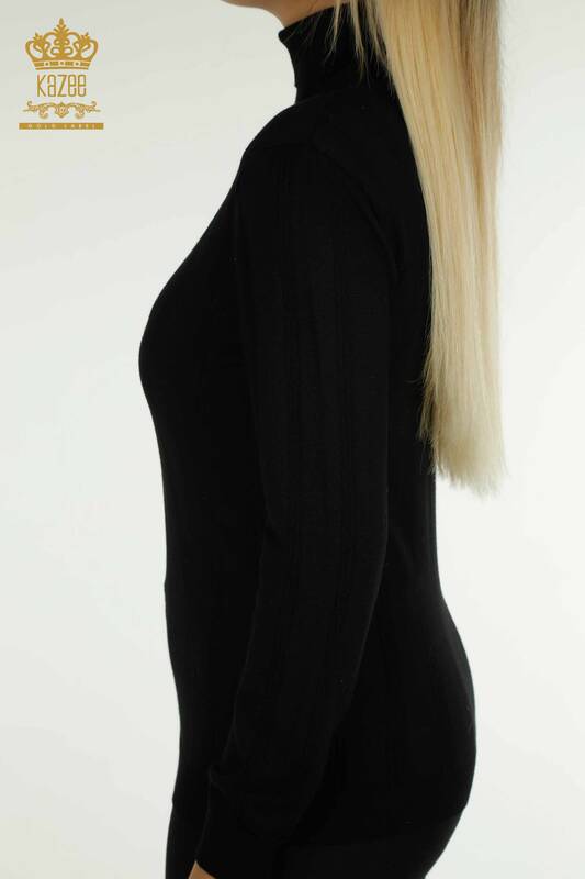 Pulover de tricotaj pentru femei cu ridicata - Cu detaliu gaura - Negru - 30781 | KAZEE
