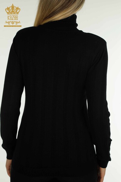 Pulover de tricotaj pentru femei cu ridicata - Cu detaliu gaura - Negru - 30781 | KAZEE - Thumbnail
