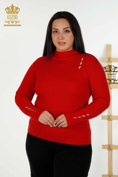 Pulover de tricotaj pentru femei cu ridicata - Cu detaliu gaura - Roșu - 30395 | KAZEE - Thumbnail