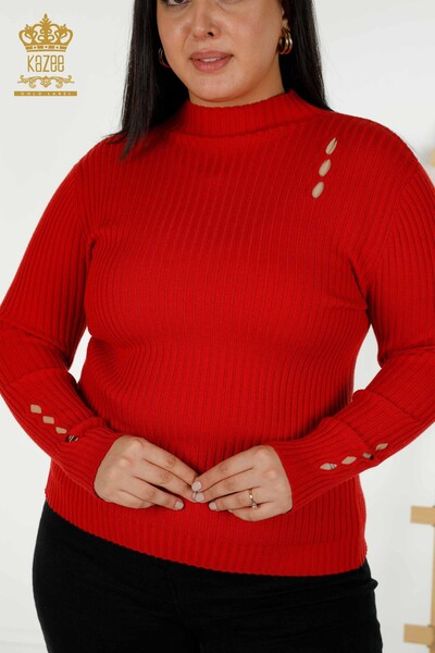 Pulover de tricotaj pentru femei cu ridicata - Cu detaliu gaura - Roșu - 30395 | KAZEE - Thumbnail