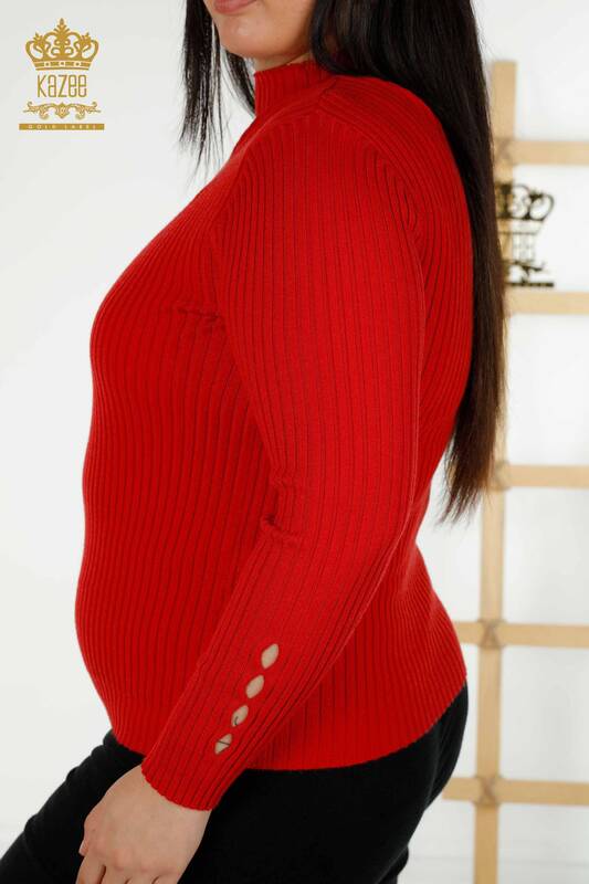 Pulover de tricotaj pentru femei cu ridicata - Cu detaliu gaura - Roșu - 30395 | KAZEE