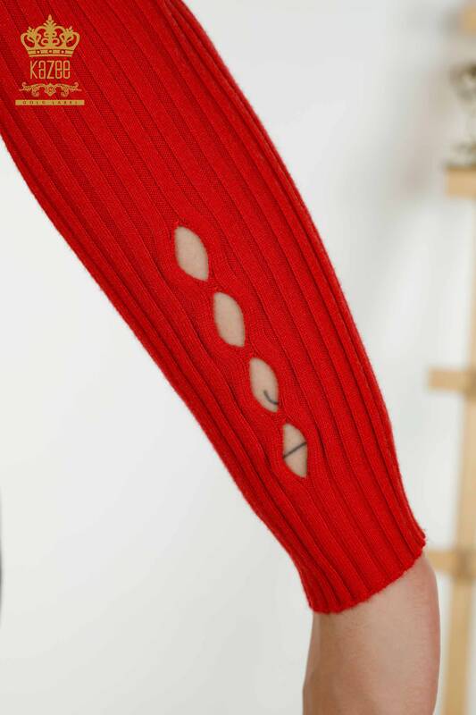 Pulover de tricotaj pentru femei cu ridicata - Cu detaliu gaura - Roșu - 30395 | KAZEE