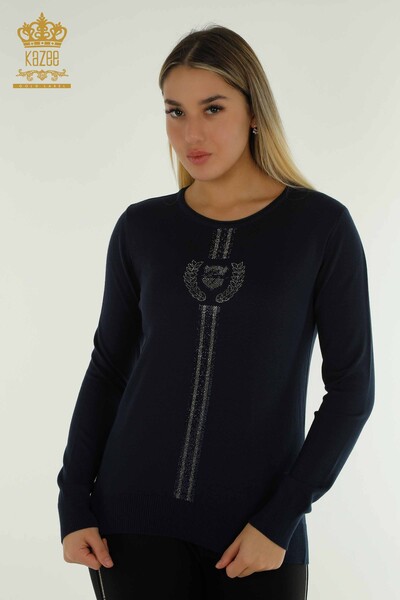 Tricotaj cu ridicata pentru femei Pulover - Decolteu - Albastru bleumarin - 30457 | KAZEE - Thumbnail