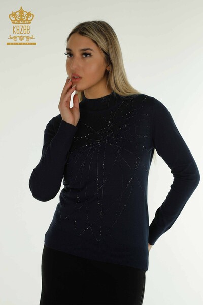 Pulover de tricotaj pentru femei cu ridicata - guler stand - bleumarin - 30454 | KAZEE - Thumbnail