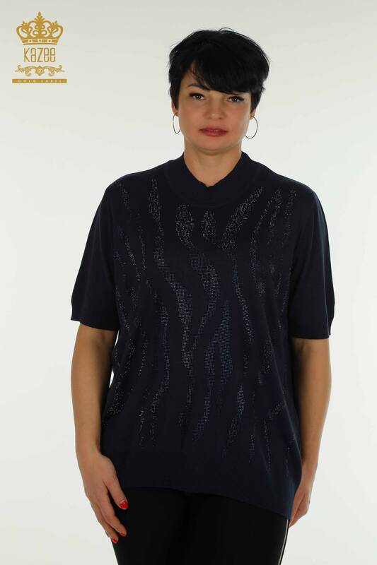 Tricotaj cu ridicata pentru femei Pulover - Guler Stand - Bleumarin - 30670 | KAZEE