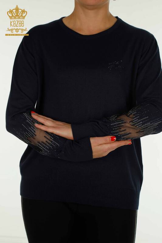 Tricotaj cu ridicata pentru femei Pulover - Detaliat cu maneca - Bleumarin - 30153 | KAZEE