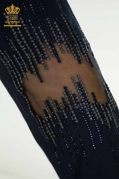 Tricotaj cu ridicata pentru femei Pulover - Detaliat cu maneca - Bleumarin - 30153 | KAZEE - Thumbnail
