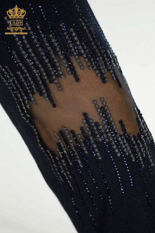 Tricotaj cu ridicata pentru femei Pulover - Detaliat cu maneca - Bleumarin - 30153 | KAZEE
