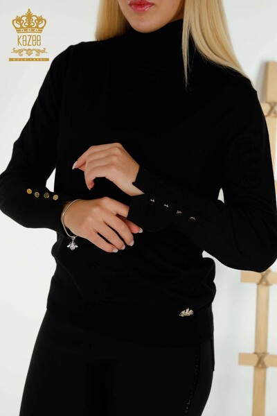 Tricotaj cu ridicata pentru femei Pulover - Maneca Nasturi Detaliat - Negru - 30506 | KAZEE - Thumbnail