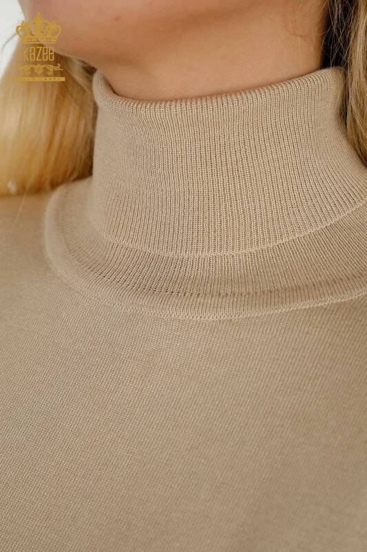 Tricotaj cu ridicata pentru femei Pulover - Maneca Nasturi Detaliat - Bej deschis - 30506 | KAZEE