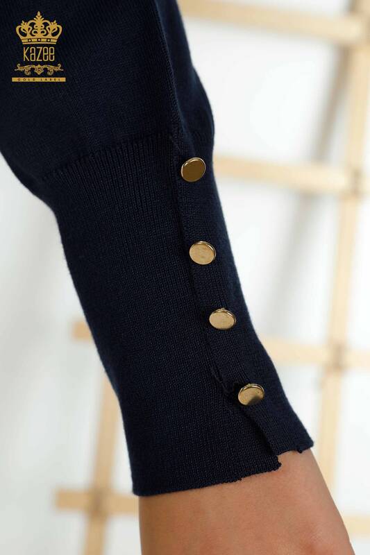 Tricotaj cu ridicata pentru femei Pulover - Maneca Nasturi Detaliat - Bleumarin - 30506 | KAZEE