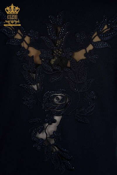 Tricotaj cu ridicata pentru femei Pulover - Maneca Trandafir Detaliat - Bleumarin - 15374 | KAZEE - Thumbnail