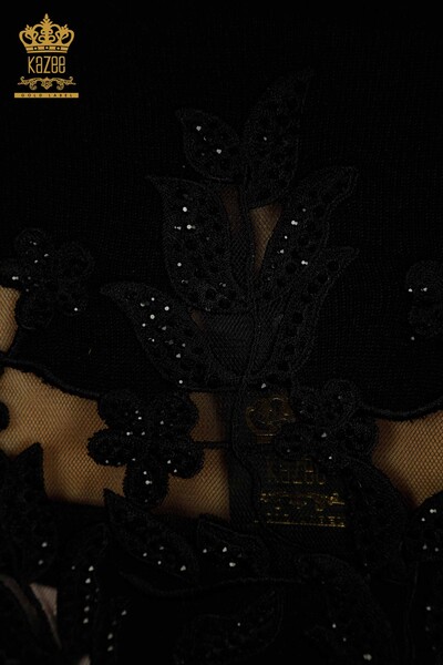 Tricotaj cu ridicata pentru femei Pulover - Maneca Detaliat trandafir - Negru - 15374 | KAZEE - Thumbnail