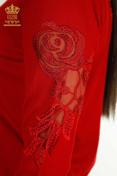 Tricotaj cu ridicata pentru femei Pulover cu maneca rosu cu detaliu trandafir - 15374 | KAZEE - Thumbnail