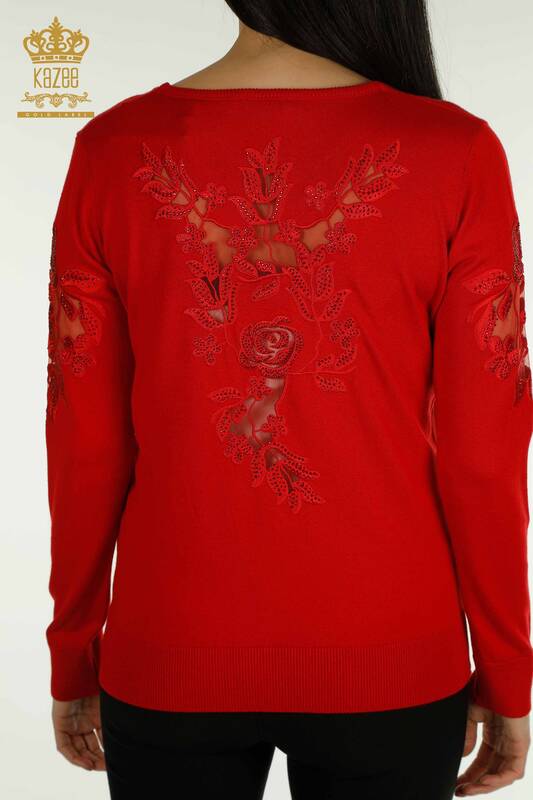 Tricotaj cu ridicata pentru femei Pulover cu maneca rosu cu detaliu trandafir - 15374 | KAZEE
