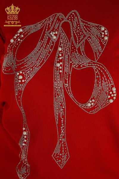 En-gros Tricotaj de damă Pulover - Mărgele Pietre Brodate - Roșu - 30672 | KAZEE - Thumbnail