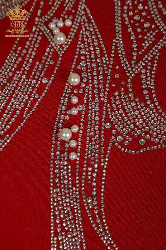 En-gros Tricotaj de damă Pulover - Mărgele Pietre Brodate - Roșu - 30672 | KAZEE