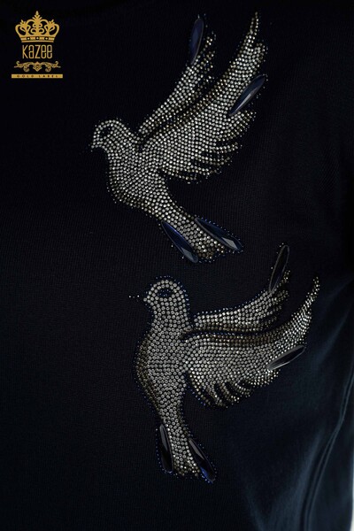 Pulover de tricotaj pentru femei cu ridicata - Brodat cu pasăre - Albastru bleumarin - 30745 | KAZEE - Thumbnail