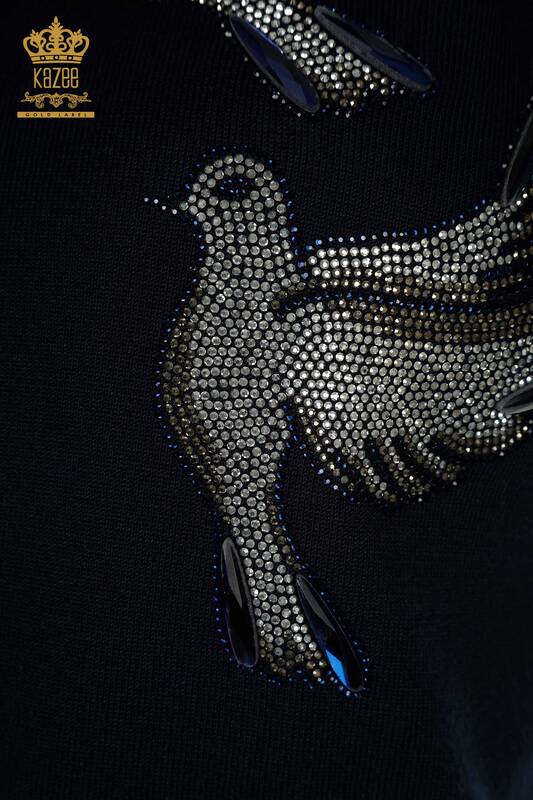 Pulover de tricotaj pentru femei cu ridicata - Brodat cu pasăre - Albastru bleumarin - 30745 | KAZEE