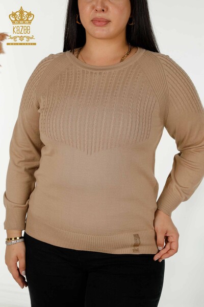 Pulover de tricotaje pentru femei cu ridicata - brodat cu piatra - nurca - 30104 | KAZEE - Thumbnail