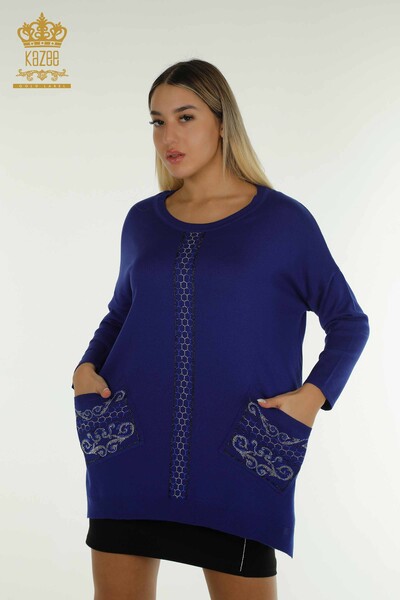 Pulover de tricotaje pentru femei cu ridicata - Brodat cu piatra - Saks - 30601 | KAZEE - Thumbnail