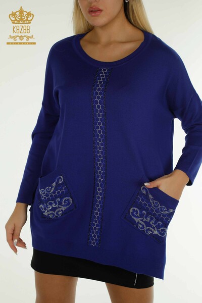 Pulover de tricotaje pentru femei cu ridicata - Brodat cu piatra - Saks - 30601 | KAZEE - Thumbnail