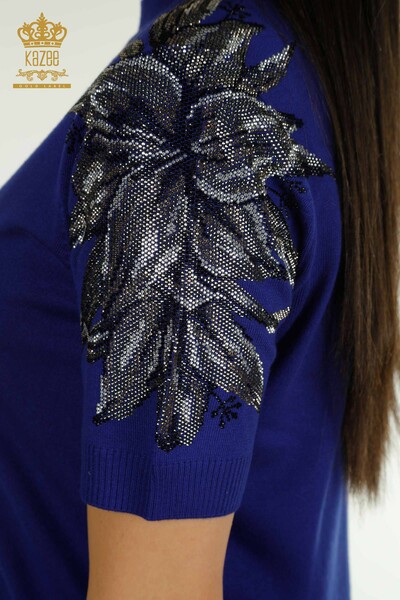 Pulover de tricotaje pentru femei cu ridicata - Brodat cu piatra - Saks - 30674 | KAZEE - Thumbnail