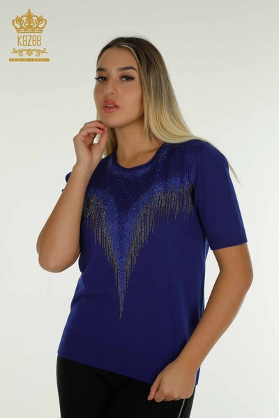 Pulover de tricotaje de damă cu ridicata - Cristal - Brodat cu piatră - Saks - 30330 | KAZEE - Thumbnail