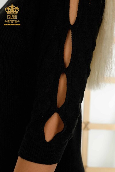 Tricotaj cu ridicata pentru femei Pulover - Gât roscat - Maneca detaliata - Negru - 30560 | KAZEE - Thumbnail