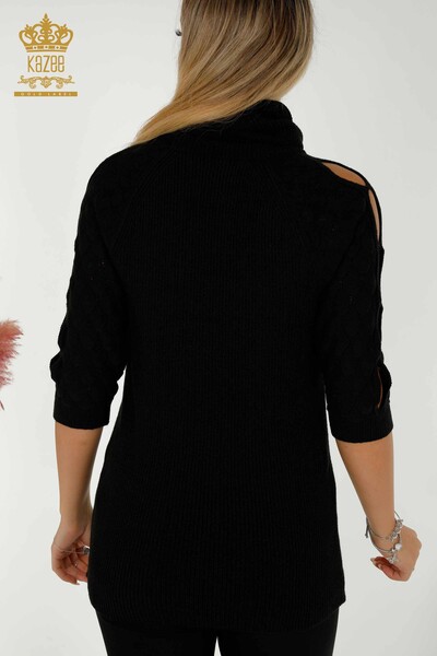 Tricotaj cu ridicata pentru femei Pulover - Gât roscat - Maneca detaliata - Negru - 30560 | KAZEE - Thumbnail