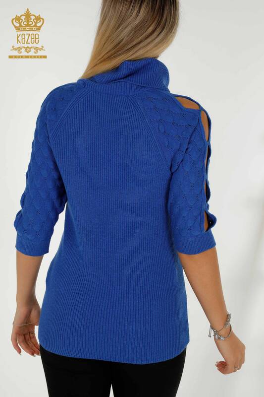 En-gros tricotaje pentru femei Pulover - Gât roscat - Maneca detaliata - Saks - 30560 | KAZEE