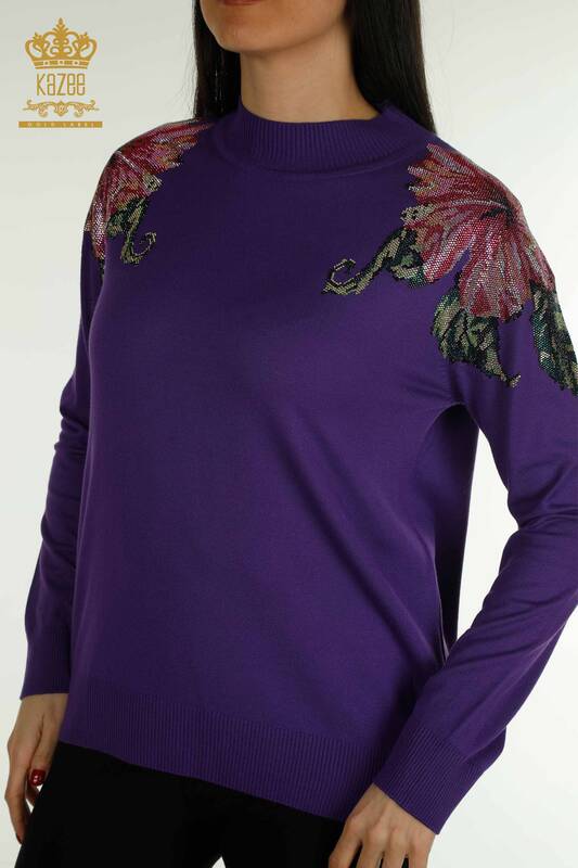 Tricotaj cu ridicata pentru femei Pulover - Umăr Flori Detaliat - Violet - 30542 | KAZEE