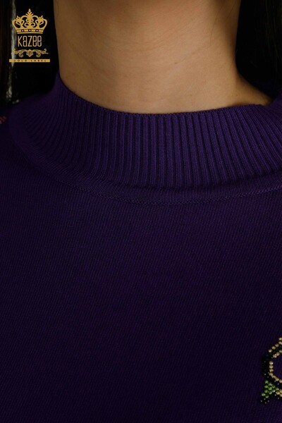 Tricotaj cu ridicata pentru femei Pulover - Umăr Flori Detaliat - Violet - 30542 | KAZEE - Thumbnail