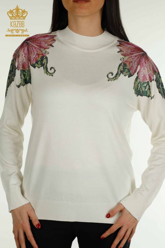 Tricotaj cu ridicata pentru femei Pulover - Umăr flori Detaliat - Ecru - 30542 | KAZEE