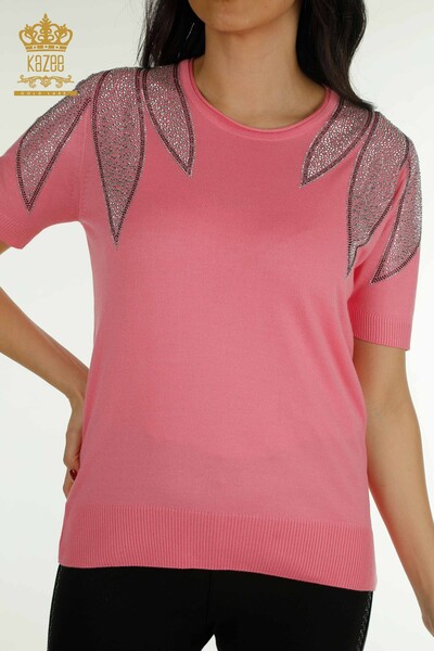Tricotaj cu ridicata pentru femei Pulover - Umăr Brodat cu piatră - Roz - 30792 | KAZEE - Thumbnail